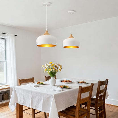 White Pendant Light, 12in Solid Wood Pendant Lights Fixture Adjustable Modern Hanging Lighting, for Kitchen Island Dining Room Sink Bar Office Bedroom