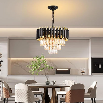 Modern Crystal Chandelier Black and Gold Chandelier 3-Tier Round Chandeliers Pendant Ceiling Light Fixture Flush Mount Chandelier for Dining Room Living Room Bedroom Foyer Hallway Entryway W16"