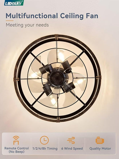 LEDIARY 18 Inch Caged Ceiling Fan with Light, Fandelier Farmhouse Ceiling Fan with Remote, Small Bladeless Fan Lights Ceiling Fixtures for Kitchen, Bedroom, Outdoor-Black and Gold