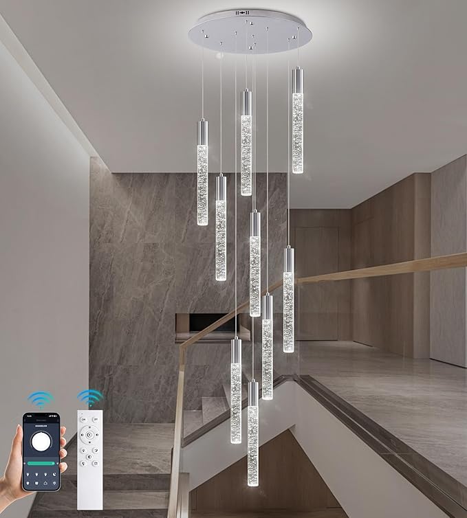 High Ceiling Crystal Chandelier 9-Lights, Spiral Dimmable LED Raindrop Foyer Pendant Light, Bubble Staircase Living Room Hanging Lighting Fixture Chrome