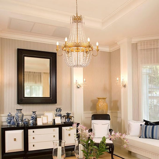 Wellmet French Empire Crystal Chandelier Modern Adjustable Hanging Pendant Ceiling Mount Light Fixture for Hallway Dining Living Room Bedroom Foyer, H 38.2" x W 31.5", Gold, 6-Light, E12 Base
