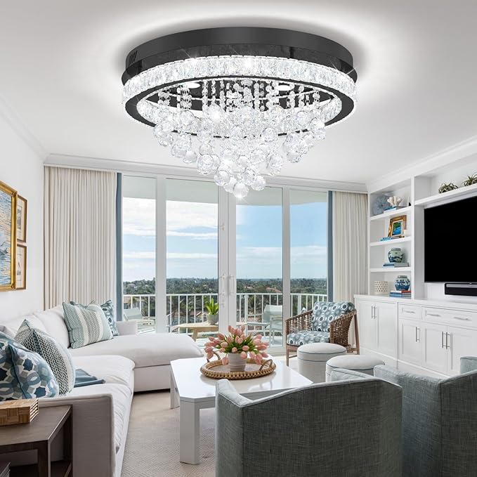 Dia 24" Modern Crystal Chandeliers for Dining Room,Black Raindrop Chandelier Flush Mount Chandeliers for Living Room Bedrooms Dining Room Dimmable 2700k 4500k 6000k