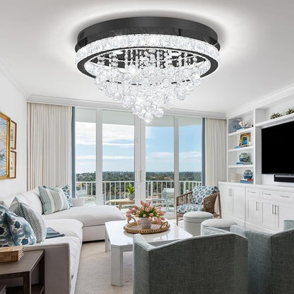 Dia 24" Modern Crystal Chandeliers for Dining Room,Black Raindrop Chandelier Flush Mount Chandeliers for Living Room Bedrooms Dining Room Dimmable 2700k 4500k 6000k