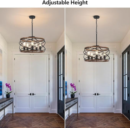 19.7'' Farmhouse Industrial Chandelier for Dining Room, 5-Light Rustic Black and Brown Metal Wood Texture Drum Chandeliers Hanging Light Fixture for Entryway Kitchen Foyer Bedroom Living Room
