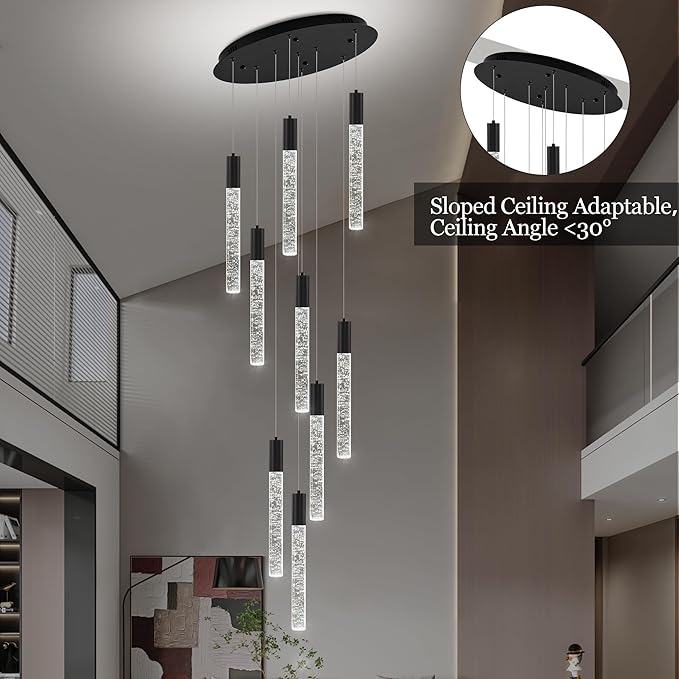Modern High Ceiling Crystal Chandelier 9-Lights, Spiral LED Raindrop Foyer Pendant Lighting, Bubble Staircase Living Room Hanging Light Fixture Flush Mount Black