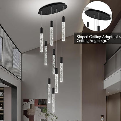 Modern High Ceiling Crystal Chandelier 9-Lights, Spiral LED Raindrop Foyer Pendant Lighting, Bubble Staircase Living Room Hanging Light Fixture Flush Mount Black