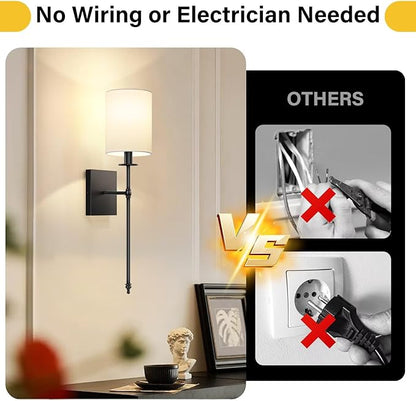 24.8 Inch Black Battery Operated Wall Sconces Set of 2, Rechargeable Wireless Wall Lights with Remote & White Fabric Shade, Indoor Not Hardwired Dimmable Wall Lamps for Bedroom, 2 Bulbs Included
