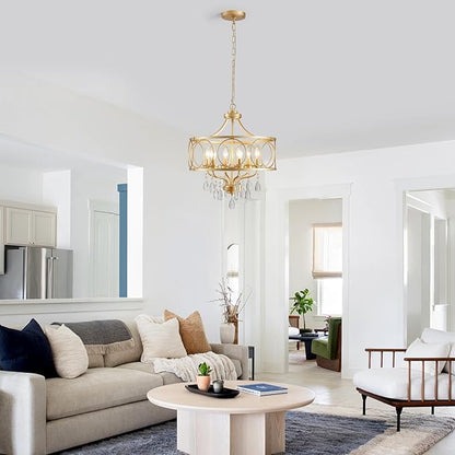 6-Light Modern Gold Crystal Chandelier, 17.7" Farmhouse Ceiling Light Fixture, Hanging Metal Pendant Lights Kitchen Island Dining Room Entryway Foyer