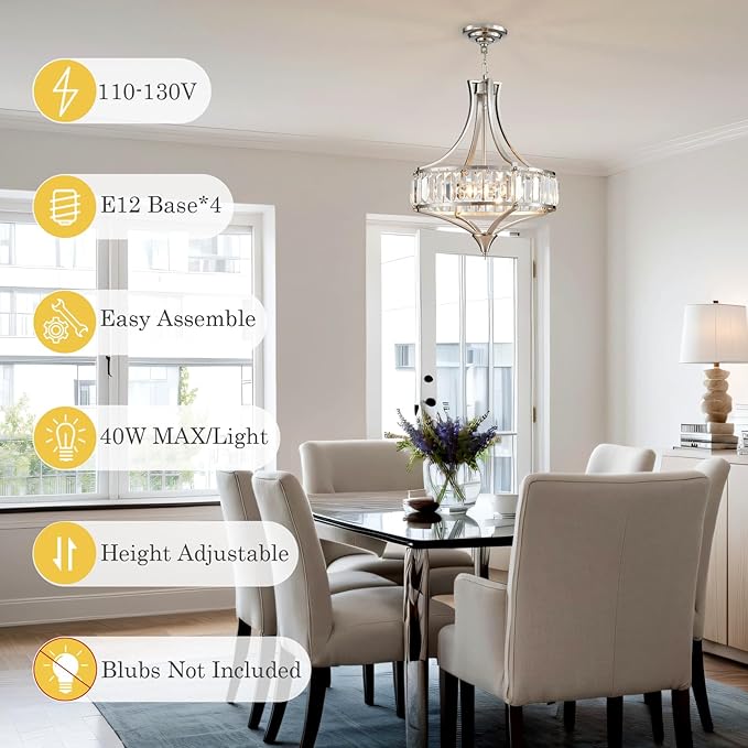Brushed Nickel Crystal Chandeliers for Dining Room, Modern Round Light Fixture for Kitchen Hallway Bedroom Foyer Living Room, 4 Lights Farmhouse Adjustable Height Hanging Light, 16 Inch