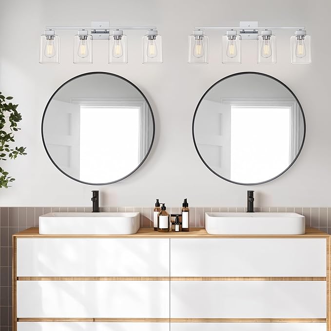 4 Light Bathroom Vanity Light - Chrome Bathroom Light Fixtures Square Design & UL Certification, 26 inch Square Bath Room Lights Over Mirror, Vanity Lighting Fixtures for Living Room & Bedroom