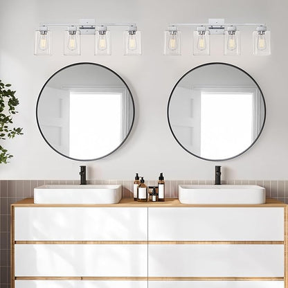 4 Light Bathroom Vanity Light - Chrome Bathroom Light Fixtures Square Design & UL Certification, 26 inch Square Bath Room Lights Over Mirror, Vanity Lighting Fixtures for Living Room & Bedroom