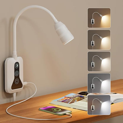 Wall Mounted Reading Light for Bed, Headboard Light with 360° Flexible Arm, Hand Wave Sensor, Focused 60° Beam, 5 Color Temperatures, Stepless Dimming, Memory Function, USB-C Output, White 1 Pack
