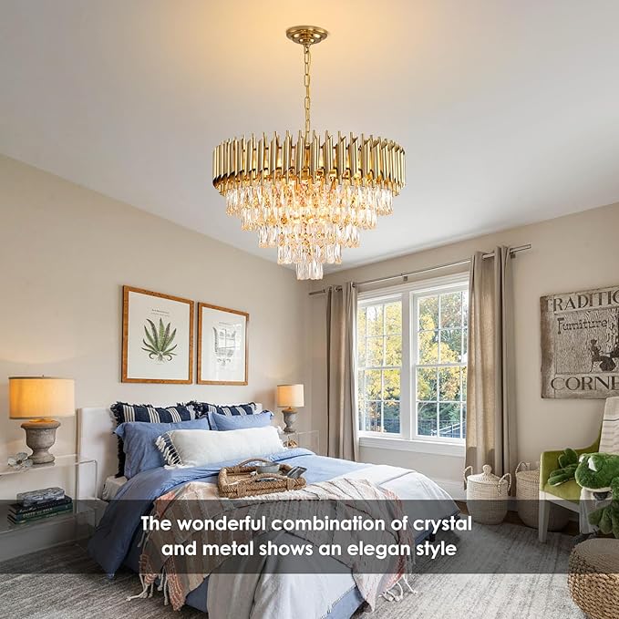 Gold Crystal Chandeliers Modern Round Chandelier for Dining Room 5 Tiers Ceiling Pendant Light Fixtures Large Ceiling Chandeliers for Foyer Living Room Bedroom Foyer entryway 24” 12 Lights