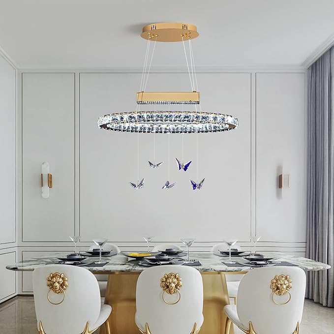 L 24" LED Gold Crystal Butterfly Chandelier, Dimmble LED Light Fixtures with Remote, Gold Modern Oval Crystal Chandeliers, for Dining Room, Kitchen Island, Entryway, Living Room, Bedroom