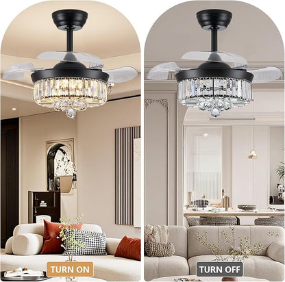 DuMaiWay 30" Chandelier Ceiling Fan with Light Crystal Fandelier Modern Reversible Ceiling Fan Dimmable Retractable Timer Remote APP Control for Dining Living Room Bedroom Black