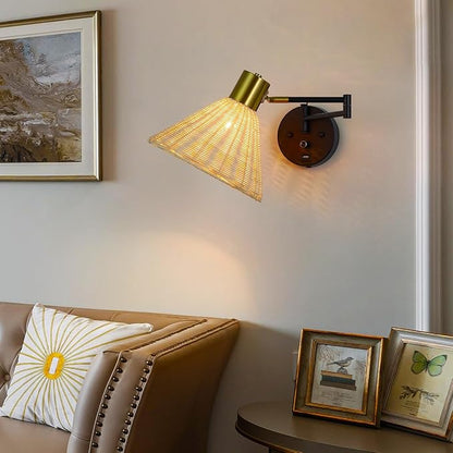 Plug in Rattan Wall Sconce Swing Arm Wall Lamp with USB Port and Dimmer Switch Hand-Woven Boho Rattan Wall Mounted Lamp Suitable for Hallway Bedroom Living Room.Balck