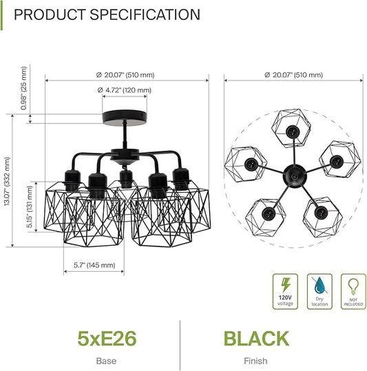 ASD Black Chandelier Semi Flush Mount Ceiling Light Fixture- 5xE26 120V ETL Modern Light Fixtures Ceiling Mount, Semi Flush Mount Chandelier for Entryway, Bedroom, Foyer Lighting Fixtures