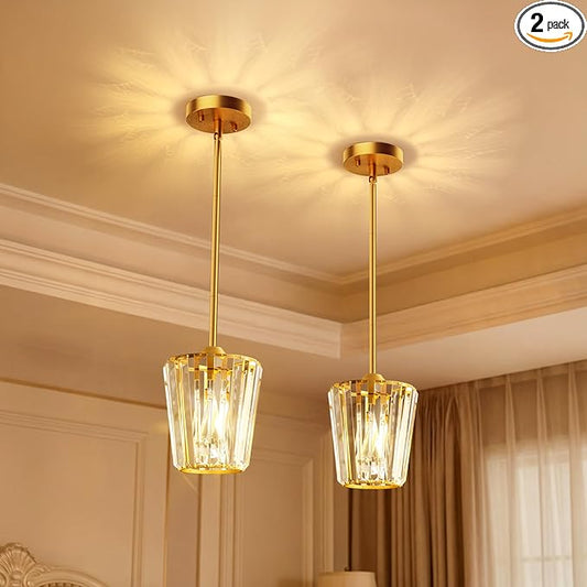 2 Pack Crystal Pendant Lights Kitchen Island - Modern Gold Pendant Light Mini Adjustable Hanging Pendant Lights for Kitchen Island Dining Room Foyer Hallway