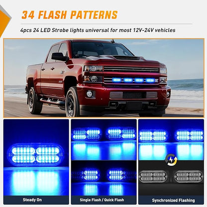 Nilight 4PCS 24LED Emergency Strobe lights 12V 24V Blue Surface Mount Grille Hazard Safety Warning Light Sync Feature Side Flashing Marker Flash for Car Truck Campers