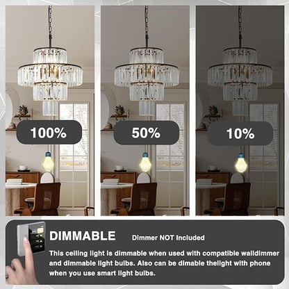 Black Crystal Chandelier, 7-Light 4 Tiers 13.77" Crystal Light, Adjustable Hanging Metal Ceiling Lighting Fixture, Modern Foyer Dining Room Chandeliers for Bedroom,Hallway,Kitchen