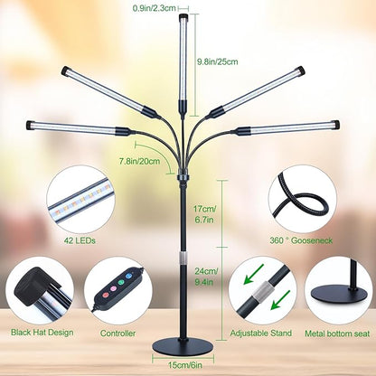 5Head Desk Grow Lights for Indoor Plant, Seed Starting, Bonsai, Full Spectrum Plant Grow Lamp, 4/8/12/16/20H Timer, 45 Watt Power Draw, NO Need Adapter, Adjustable Height(16"-24")