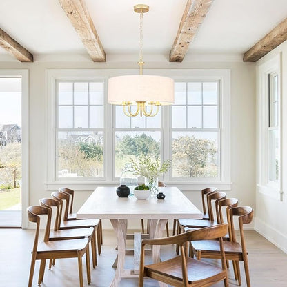 5 Lights Drum Chandelier Gold Farmhouse Chandelier with Shades 19" Large Pendant Light Fixtures Hanging Brass Round Chandeliers for Bedroom Dining Room Over Table Living Room Foyer Kitchen Island