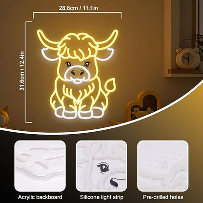 OkiyiD Highland Cow Neon Sign, Cow Decor Wall Art Gifts for Kids, Animal Themed Wall Decor for Bedroom,Living Room,Rustic Farmhouse,USB-Powered Energy-Saving Light with Hanging Kit