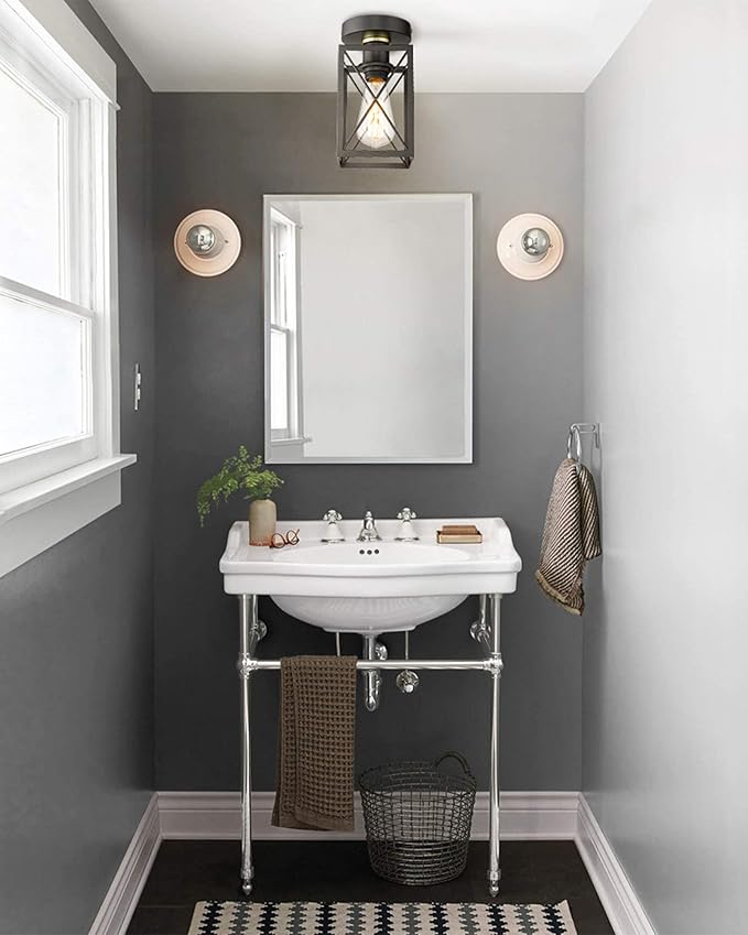 Semi Flush Mount Ceiling Light,Metal Cage Farmhouse Light Fixture Hardwired for Entryway, Hallway, Kitchen Over Sink, Bathroom,Laundry Room,Modern Industrial Vintage Style,Single E26 Bulb（Black,1PK）