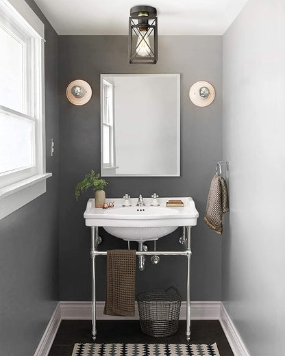 Semi Flush Mount Ceiling Light,Metal Cage Farmhouse Light Fixture Hardwired for Entryway, Hallway, Kitchen Over Sink, Bathroom,Laundry Room,Modern Industrial Vintage Style,Single E26 Bulb（Black,1PK）