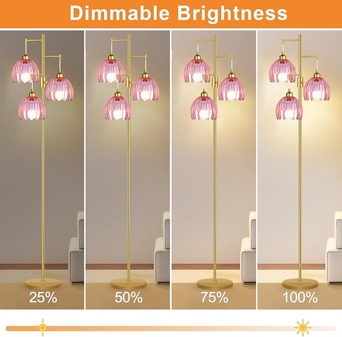ZECOXOL Gold Floor Lamps for Living Room Vintage Pink Floor Lamp with Glass Lmapshape & Three Led Bulb,Dimmable Mid Century Modern Standing Lamp Tall Tree Flower Floor Lamps for Bedroom,Office,Corner
