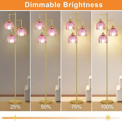 ZECOXOL Gold Floor Lamps for Living Room Vintage Pink Floor Lamp with Glass Lmapshape & Three Led Bulb,Dimmable Mid Century Modern Standing Lamp Tall Tree Flower Floor Lamps for Bedroom,Office,Corner