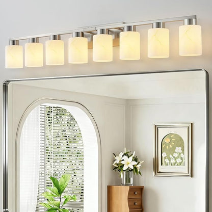 8-Light Bathroom Light Fixtures, Modern Vanity Lights, Brushed Nickel Metal Wall Lamp with White Marble Glass for Bathroom, Mirror, Living Room, Bedroom, Cabinet, Porch, Hallway, E26 Base