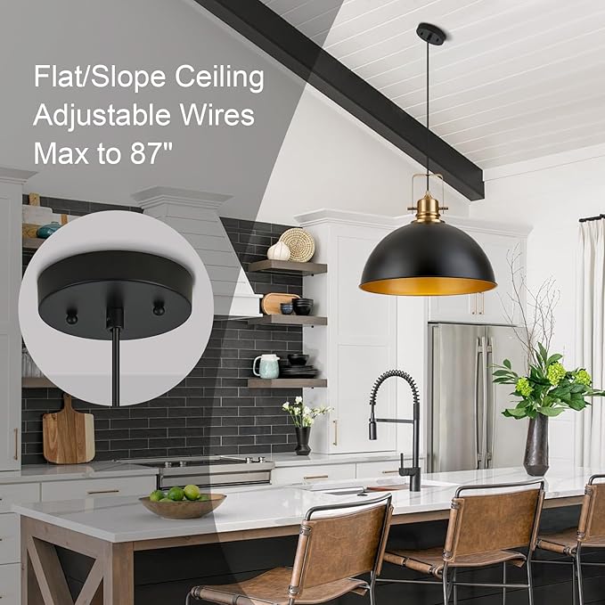 Farmhouse Pendant Light, 17.5" Matte Black Pendant Light Kitchen Island with Adjustable Cord, Vintage Dome Hanging Lights for Dining Room Cafe Bar Hallway Worktops, L, 2 Pack
