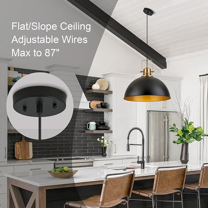 Farmhouse Pendant Light, 17.5" Matte Black Pendant Light Kitchen Island with Adjustable Cord, Vintage Dome Hanging Lights for Dining Room Cafe Bar Hallway Worktops, L, 2 Pack
