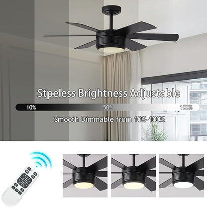 SHOWDI Ceiling Fan with Lights and Remote, 6 Blade App Control Timer Reversible Stepless Brightness and Color Temperature Outdoor Wood Ceiling Fan with Lights (Black, 42 Inch)