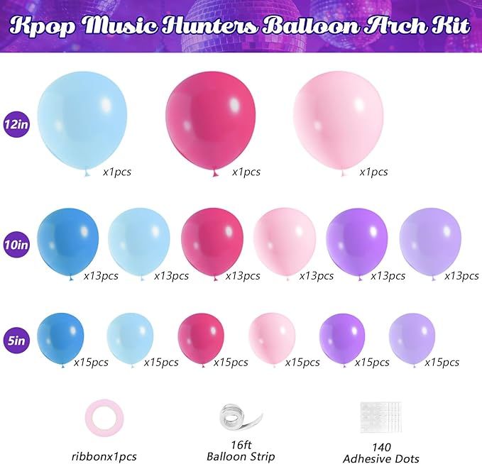 JOGAMS 173Pcs Cool-Tone K-Pop Stage Balloon Arch Kit, Blue Purple Pink Performance Style Balloons with Disco Foils for Birthday, Prom & Music Backdrop Decor