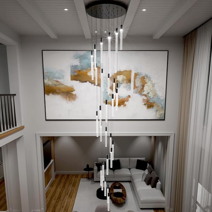 D28inxH177in Long Crystal Column Chandelier Large Black Staircase Chandelier for High Ceiling 30-Light Dimmable LED Pendant Lighting Foyer Entryway Light Source is Replaceable
