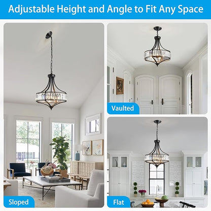 XINGQI Crystal Chandeliers for Dining Room,Modern Black Chandelier,Metal Round Shade Farmhouse 4-Light Rustic Pendant Lighting Fixtures for Hallway Bedroom Foyer