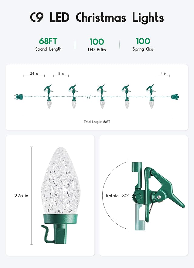 C9 LED Christmas Lights Outdoor, 68 Feet 100 LED Strawberry String Lights with 100 Spring Clamps, Commercial Grade Waterproof Extendable for Outside Roofline Patio Home Xmas Decoration, Pure White