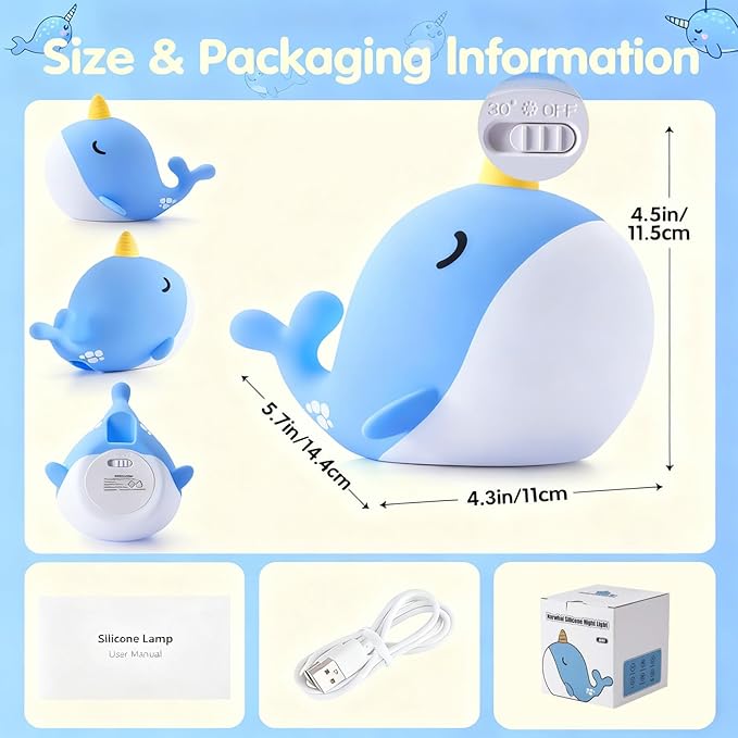 Cute Narwhal Night Light Lamp, 7 Colors Touchable Squishy LED Light, USB Rechargeable Silicone Nursery Whale Night Lamp for Room Decor Birthday Gift for Toddler Women Adult