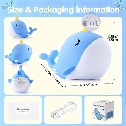 Cute Narwhal Night Light Lamp, 7 Colors Touchable Squishy LED Light, USB Rechargeable Silicone Nursery Whale Night Lamp for Room Decor Birthday Gift for Toddler Women Adult