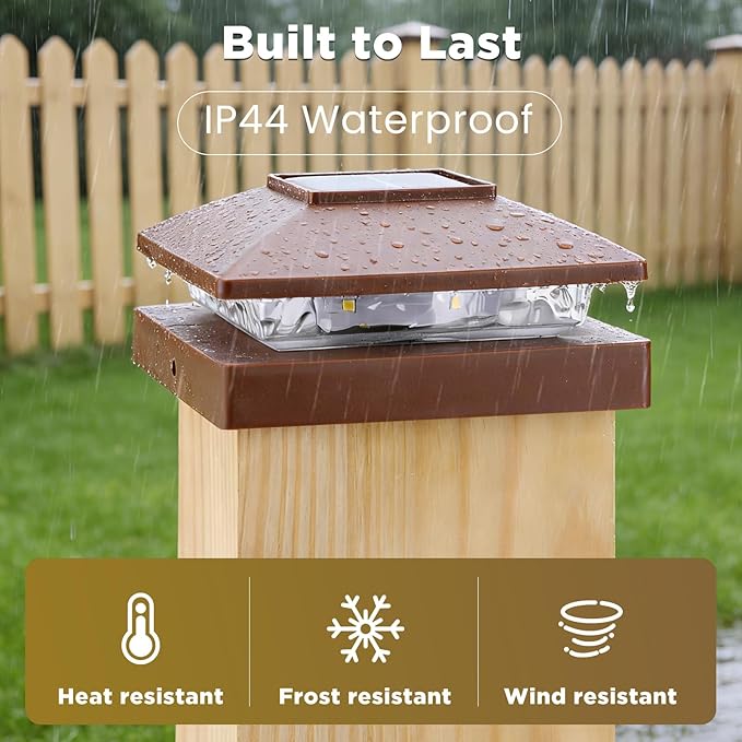 Solar Post Cap Lights Outdoor 16pack, Brown Waterproof Solar Powered Deck Fence Post Lights Fit 4x4 Wood/Vinyl Posts, Bright Warm White Solar Post Lights Decorate Deck, Patio, Porch, Fence (16pack)