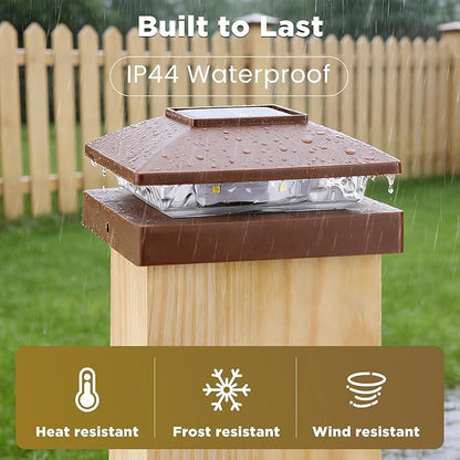 Solar Post Cap Lights Outdoor 8pack, Brown Waterproof Solar Powered Deck Fence Post Lights Fit 4x4 Wood/Vinyl Posts, Bright Warm White Solar Post Lights Decorate Deck, Patio, Porch, Fence