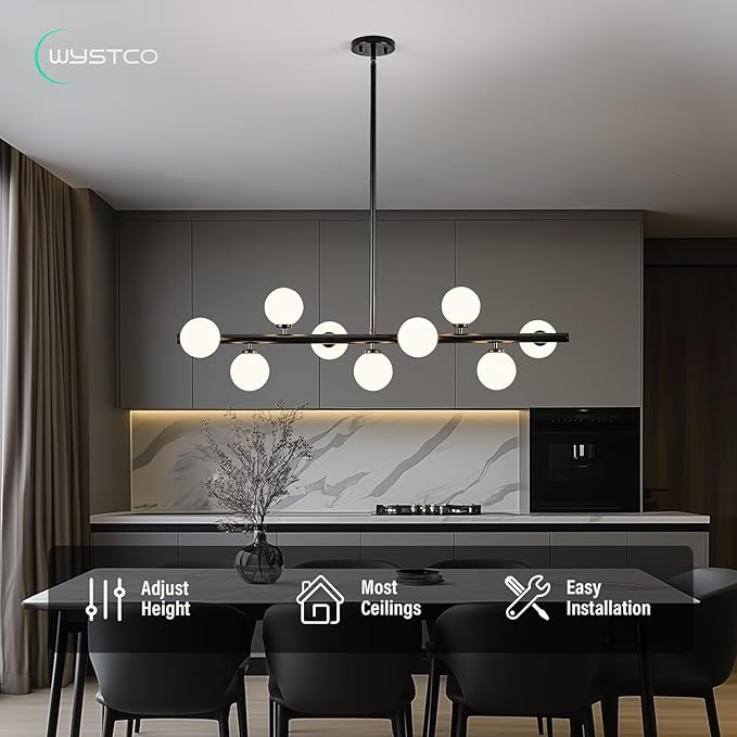 Mid Century Modern Globe Sputnik Chandelier, 9-Light Linear Chandeliers for Dining Room and Kitchen Island, Dining Light Fixture Over Table, Black and Milk White Glass Bubble, 40 Inch