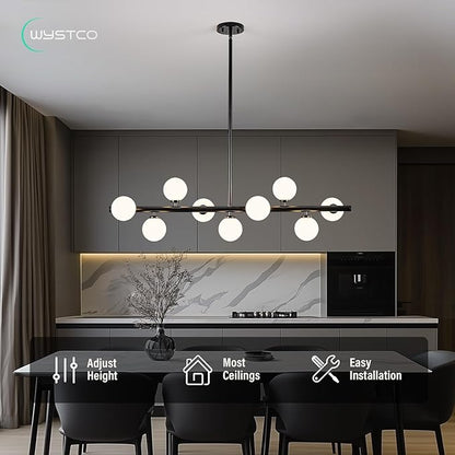 Mid Century Modern Globe Sputnik Chandelier, 9-Light Linear Chandeliers for Dining Room and Kitchen Island, Dining Light Fixture Over Table, Black and Milk White Glass Bubble, 40 Inch