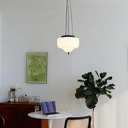 LIGHTLAND Milk Glass Pendant Light, 13 Inch Mid Century Semi Flush Mount Ceiling Light Fixture with 39.4 Inch Adjustable Chain, Vintage Chandelier for Bedroom, Living Room, Dining Room, Hallway