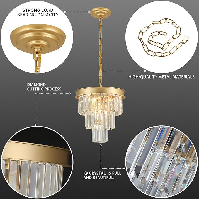 Weesalife Crystal Chandeliers for Dining Room Light Fixtures Over Table，4-Lights Modern Gold Crystal Pendant Lighting Fixture，3 Tiers Small Chandeliers for Kitchen Island Bedroom Entryway D12 Inch