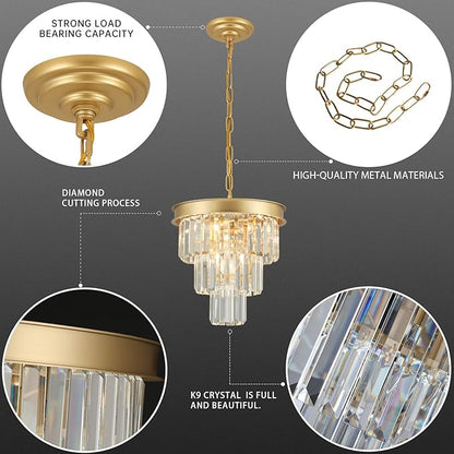 Weesalife Crystal Chandeliers for Dining Room Light Fixtures Over Table，4-Lights Modern Gold Crystal Pendant Lighting Fixture，3 Tiers Small Chandeliers for Kitchen Island Bedroom Entryway D12 Inch