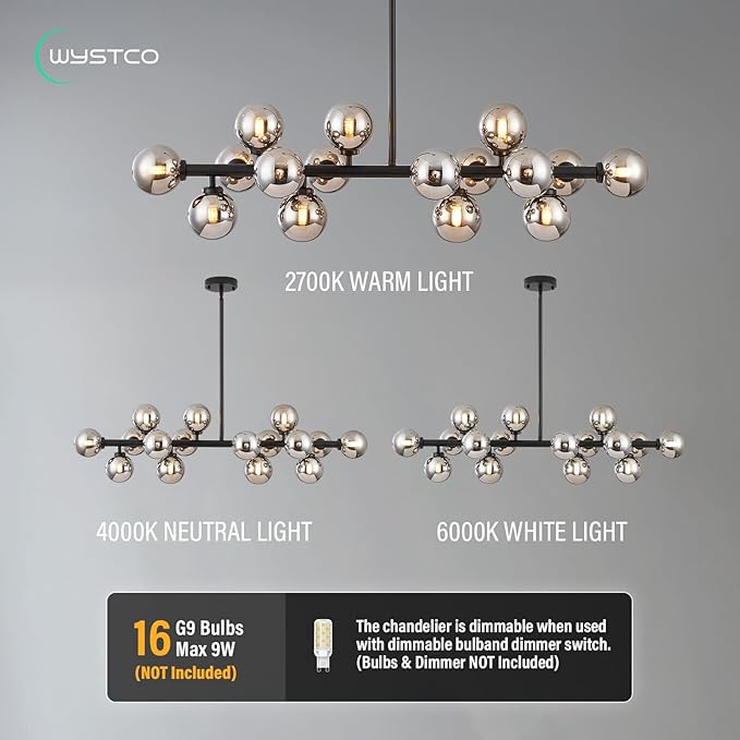 16-Light Globe Sputnik Chandelier, Mid Century Modern Light Fixture Over Table, Black Linear Chandeliers for Dining Room and Kitchen Island (Smoke Grey Glass Bubble Shades, 40 Inch)
