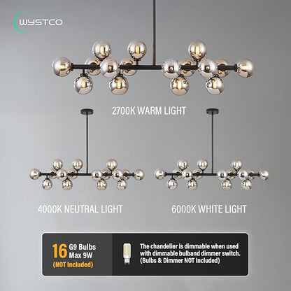 16-Light Globe Sputnik Chandelier, Mid Century Modern Light Fixture Over Table, Black Linear Chandeliers for Dining Room and Kitchen Island (Smoke Grey Glass Bubble Shades, 40 Inch)